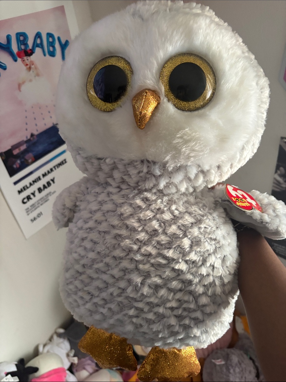 Ty White & Gray Owl Plush with Gold Eyes, Beak & Feet